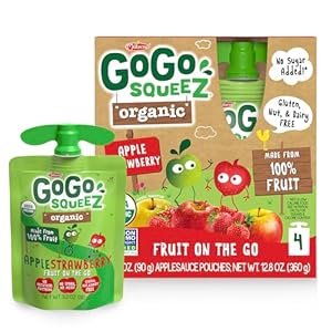 GoGo squeeZ Organic Applesauce and Fruit Puree, Apple Strawberry, 3.2 oz (Pack of 4), Unsweetened Organic Fruit Snacks for Kids, Gluten Free, Nut Free and Dairy Free, Recloseable Cap, BPA Free Pouches