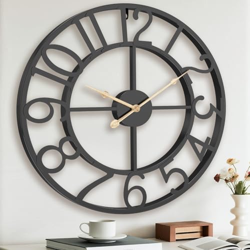 Pytha Sight Grande horloge murale pour salon, grande horloge murale moderne décorative noire en métal avec chiffres arabes 33 cm pour bureau, cuisine, cheminée, salle à manger