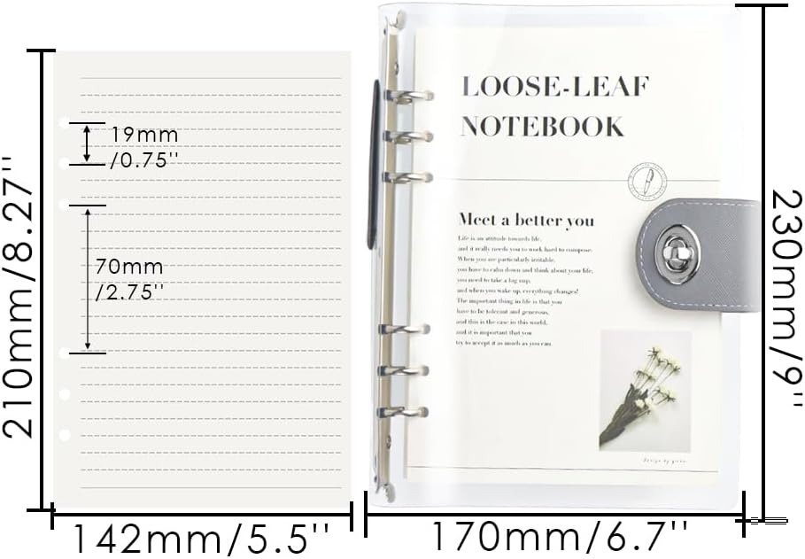 Clear A5 Refillable Notebook Binder with 90 Sheets Lined Paper Silver 6-Ring Soft Transparent PVC Binder Cover Protector Shell Loose Leaf Journal Folders with PU Leather Lock Catch Closure image 2