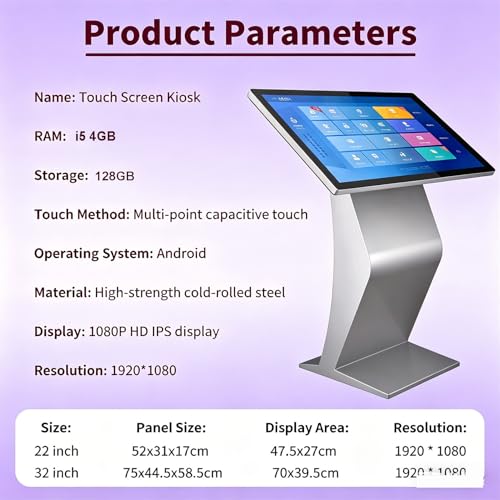Image of Self Service Kiosk, 21.5 inch /32 inch Interactive Kiosk 1080P HD IPS Touch Screen Display, Weatherproof Floor Standing Digital Signage for Outdoor /Indoor Silver-21.5inch4G128G