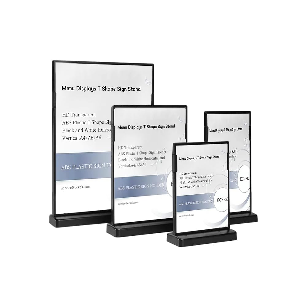 ECKEK ABS Plastic Sign Holder?Menu Displays T Shape Sign Stand (Vertical Black A5 148×210mm/ 5.83×8.27 inches)