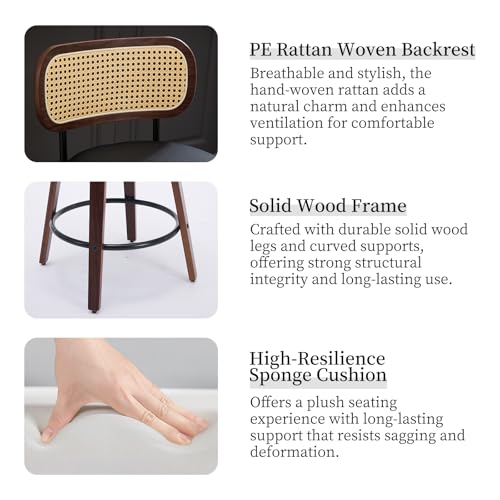 Image of Swivel Counter Height Bar Stools Set of 4, 26 inch Bar Chairs with Curved Rattan Back, Upholstered PU Leather, Walnut Craftsmanship, Mid Century Modern Counter Stools for Kitchen Counter, Black