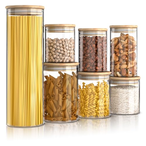 Arendo - Vorratsgläser mit Deckel - 7er Set - Glasbehälter aus Glas – hitzebeständig – Vorratsdosen mit Bambusdeckel - luftdicht - für Müsli Zucker Mehl Spaghetti Kaffee Reis