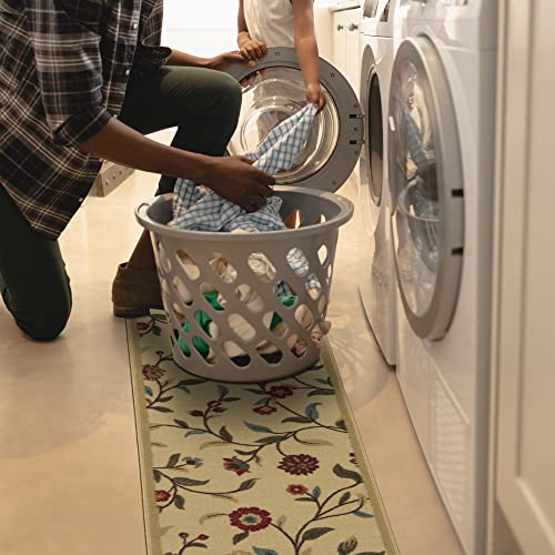 Machine Washable Floral Leaves Design Non-Slip Rubberback 2X5 Traditional Runner Rug For Hallway, Kitchen, Bedroom, Entryway, 20" X 59", Beige #TOP4