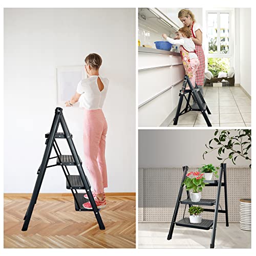Krightlink 4 Step Ladder Folding Step Stool With Wide Anti-Slip Pedals, Portable Folding Heavy-Duty Steel Sturdy Ladder For Home And Kitchen, Black, 330 Lbs #TOP4