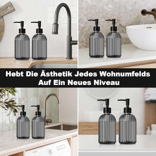 GMISUN Seifenspender, 425ml Schwarz Seifenspender Glas, 2 Stück Soap Dispenser Mit Pumpe, Modern Gestreifter Spülmittelspender Für Bad Und Küche, Pumpspender, Flüssigseifenspender 6