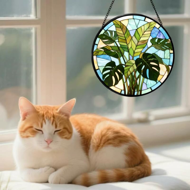 Stained Glass Window Hanging- Tropical Plant Design，Suncatcher for Window, for Christmas, Mother's Day and Plant Lovers