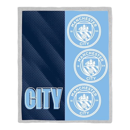 Manchester City FC Official Fleece Blanket | Super Soft Warm Throw with Sherpa Reverse, Tackle Design | Perfect For Home, Bedroom, Sleepovers & Camping | Size 120 x 150cm