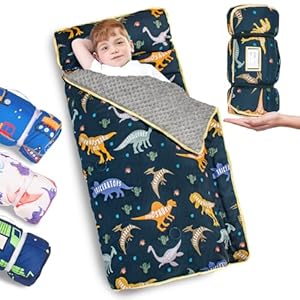 Primlect Toddler Nap Mat with Pillow and Blanket, Extra Large 55”x35” Sleeping Bag, Washable, Light, Easy to Roll up, Perfect for Daycare, Preschool, Kindergarten, Travel, Boys and Girls (Dinosaur)