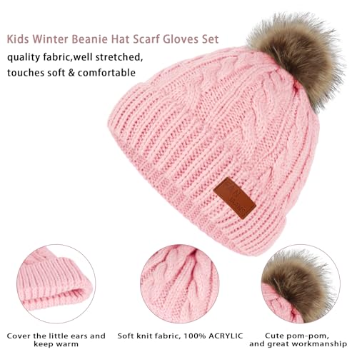 Image of Kids Hat Scarf Gloves Set, Kids Winter Beanie Hat Scarf Gloves Set with Knit Thick Warm Fleece Lined for 1-6 Years Old