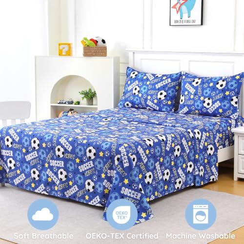 MCO Kids Twin Size Bed Sheet Set with Soccer Sport Theme, 3 Piece Soft Microfiber Kids Bed Sheets, Oeko-TEX, Won't Pop Off, Breathable & Machine Washable, Football Bedding Set for Boys, Girls - image 2