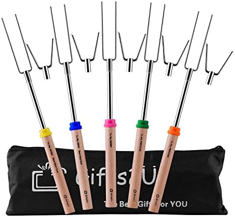 Marshmallow Roasting Sticks Set of 5, 10 Replaceable Fork Heads SS 304 10-32" Telescoping Hot Dog Roasting Sticks for Fire Pit, One and Only Lettering Smores Kit for Family by Gifts2U