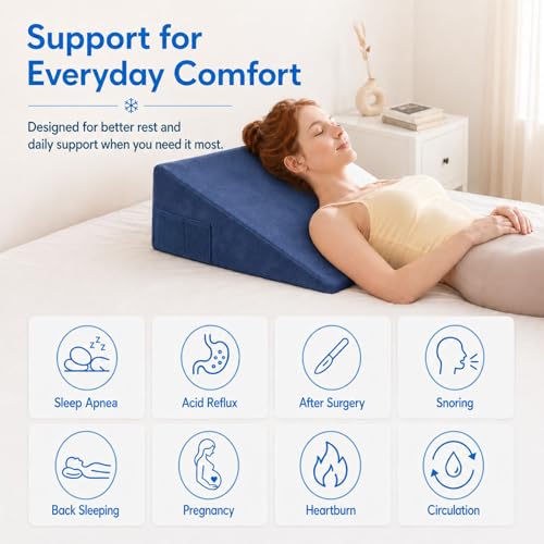Image of OAISZ Wedge Pillow, 12 Inch Bed Wedge Pillow for Headboard, Pillow Wedge for Acid Reflux Relief, After Surgery, Sleeping, Back Pain Relief, Memory Foam Top, Blue