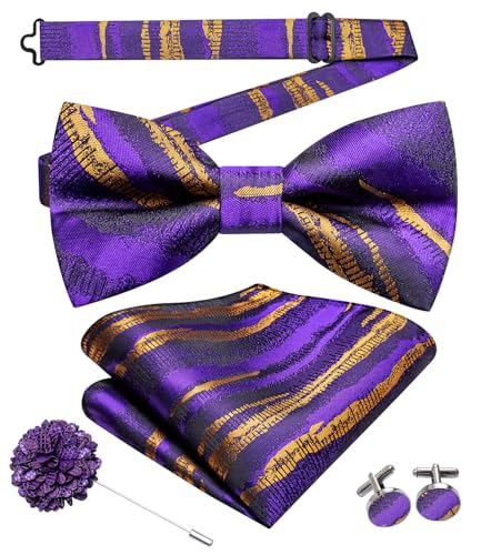 Image of Hi-Tie Bow Ties for Men Pre-Tied Pocket Square with Cufflinks Mens Bowtie Sets for Wedding Formal Party