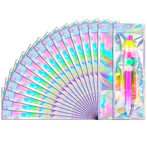 FUNFERY 100 Pack Holographic Bags Clear Window Resealable Bags for Candy Party Favor Mylar Zipper Bag Stripping Foil Pouch Packaging Bag for Pen Jewelry Brushes Small Business Supplies(2.7x9in)