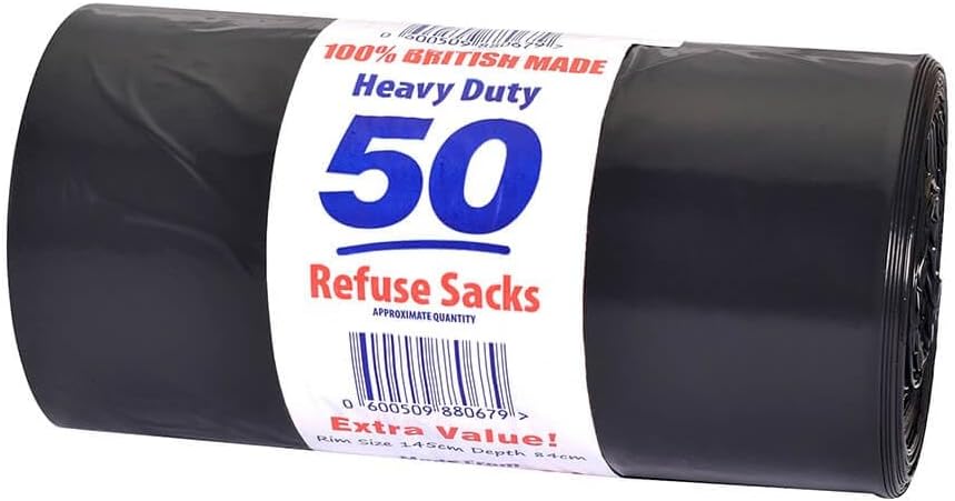 80L 50 Bin Bags Heavy Duty Refuse Sacks Extra Strong Bin Liners 100% Recycled Material Disposal Bags for Kitchen Home Office Hospitals Hotels Gardens