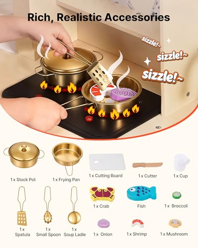 Image of VEVOR Play Kitchen for Kids, Wooden, Kids Kitchen Playset with Realistic Lights & Sounds, Food & Cookware, Modern Style Pretend Play Toy Set, Ice Maker, Microwave, for Toddlers, Girls & Boys Ages 3-8