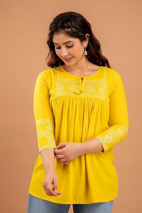 Image of Avayayat Short Kurti for Women | Embroidered Straight Rayon Kurta | Round Neck Full Sleeves Short Kurti for Women's