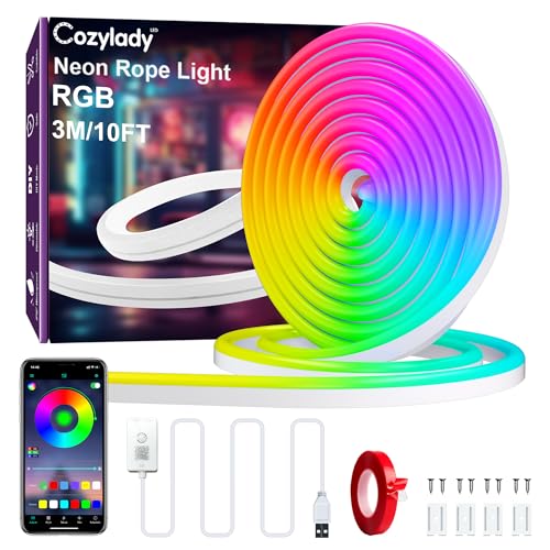 Cozylady 3M USB LED Bluetooth LED Neon Rope Lights Waterproof RGB Neon Strip Lights Music Sync Remote/APP Control Flexible LED Neon Lights for Bedroom Room IP67 Outdoor Indoor Decor