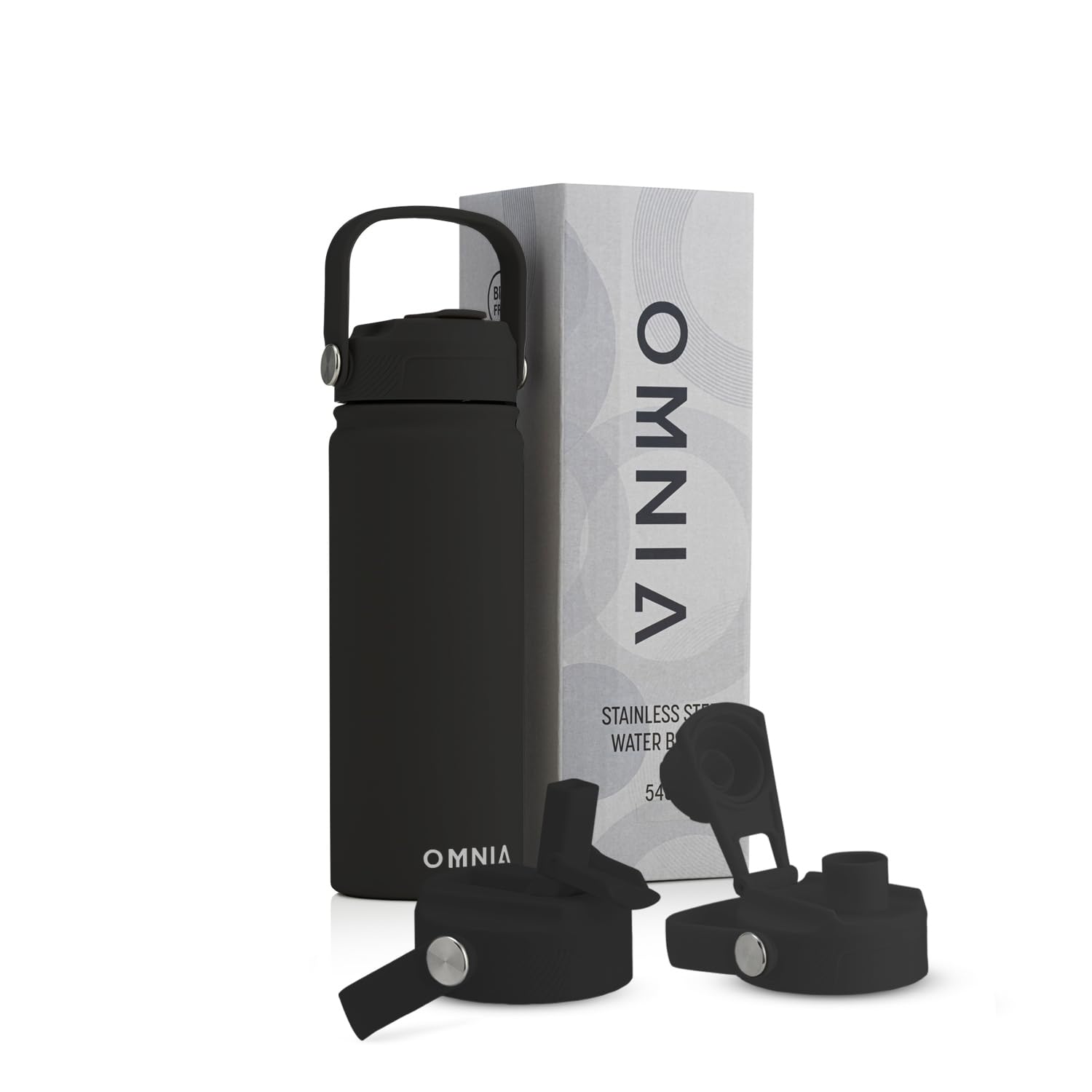 OMNIA NUTRIENTS Vacuum Insulated Stainless Steel Water Bottle, 2 Lids (Straw & Spout) Leakproof, BPA-Free, Reusable Flask Ideal for Travel and Outdoors (Black - 540 ml)