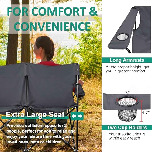 Joyfair Outdoor Double Camping Chair, Folding Loveseat for Adults & Kids, Extra Wide Portable Chair with Heavy Duty Steel Frame for Lawn Beach Camp, with Carrying Bag, Cup Holders & Armrests (Grey) - Thumbnail 5