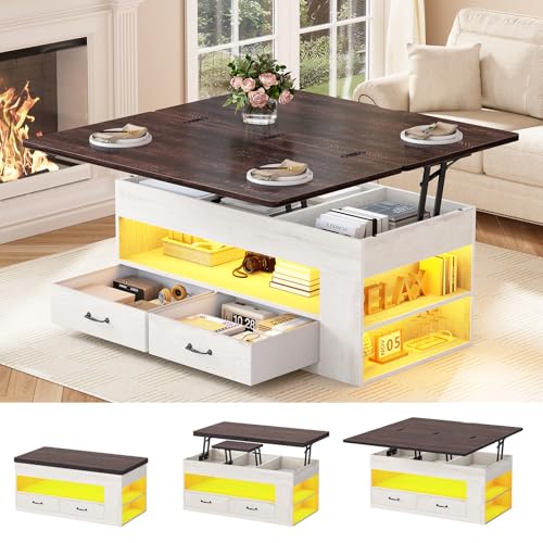 Itaar Lift Top Coffee Table, 4 in 1 Coffee Tables with Storage and Hidden Compartment, Farmhouse Coffee Table with 2 Fabric Drawers & LED Light for Living Room, White