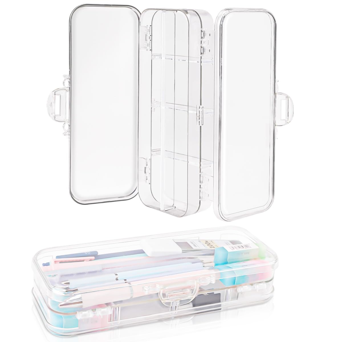 2Pcs Double Deck School Pencils Box, Plastic Capacity Pen Case with Snap Lid, Clear Plastic Stationery Box with 6 Compartments&4 Removable Ruler Dividing for School Supplies Organization (Transparent)