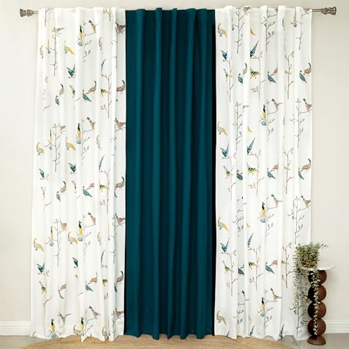 Image of Tranquebar Curtain Co. Window Curtains 5 Feet, 60-65% Room Darkening, Multicolor (Blue, Yellow) Bird Print, Cotton Curtains for Window, BackTab Loops, Design Shiri Green Combo (152 cm) - Set of 3