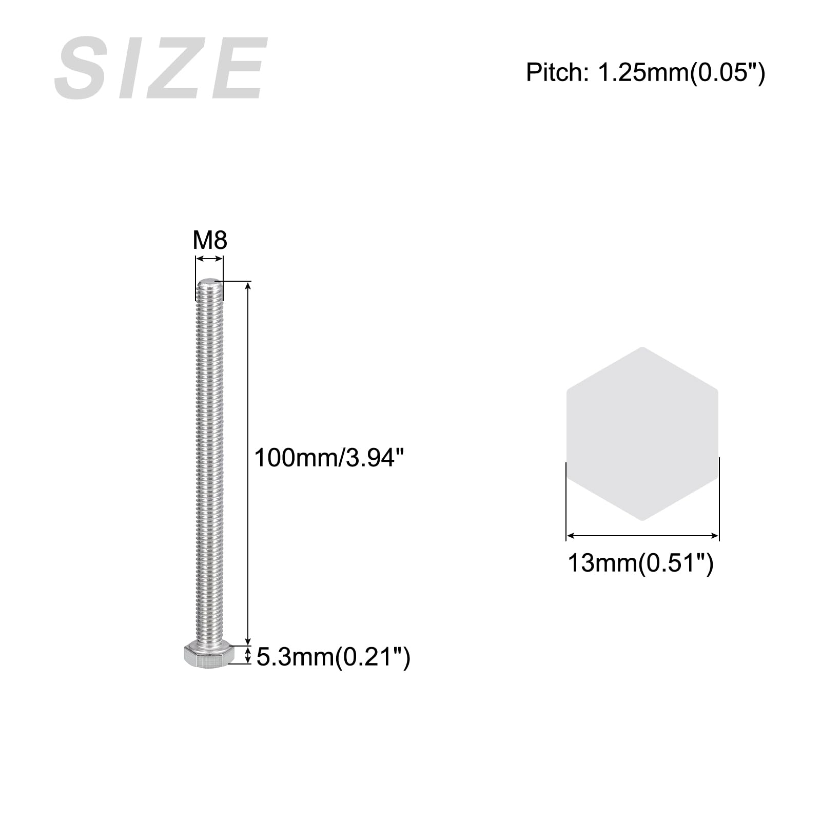 METALLIXITY Hex Bolts (M8-1.25x100mm) 4Pcs, 304 Stainless Steel Coarse Fully Threaded Hex Head Screw Bolt Machine Screws - Image 2