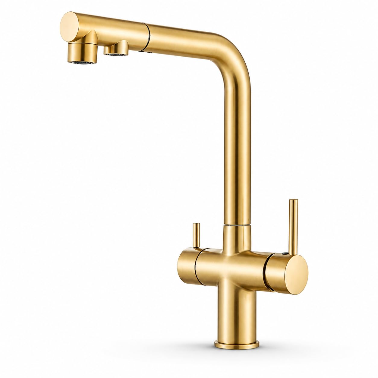 Venom Pull-Out - Grifo de cocina de 3 vías con alcachofa extraíble, manguera separada para agua potable filtrada, caño giratorio 360°, 2 tipos de chorro, cartucho de cerámica, cuerpo de latón