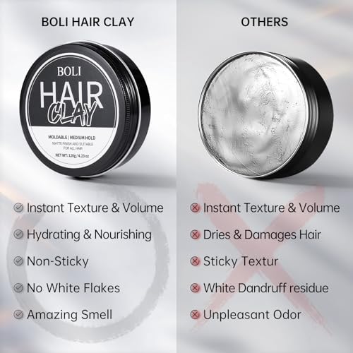 BOLI Hair Clay for Men, All Day Strong Hold Pomade, Texturizing & Matte Finish, Styling Paste for Medium, Thick, Straight, or Wavy Hair (120g)