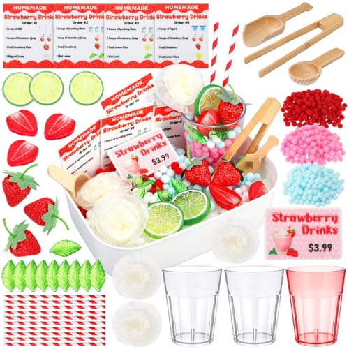 Skylety Strawberry Smoothie Stand Sensory Bin Fillers Spring Summer Strawberry Lemonade Drink Role Play Sensory Bin Items Fine Motor Counting Sorting Toys for Spring Activity Party Favors