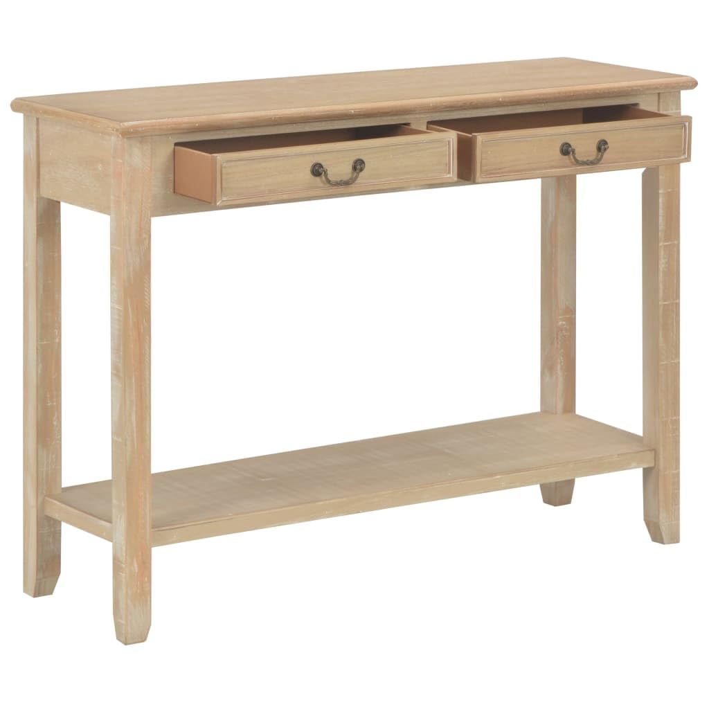 Consola clásica 110 x 35 x 80 cm, mesa auxiliar de madera de pino y MDF con 2 cajones y estantes, aparador para pasillo y salón, color madera natural