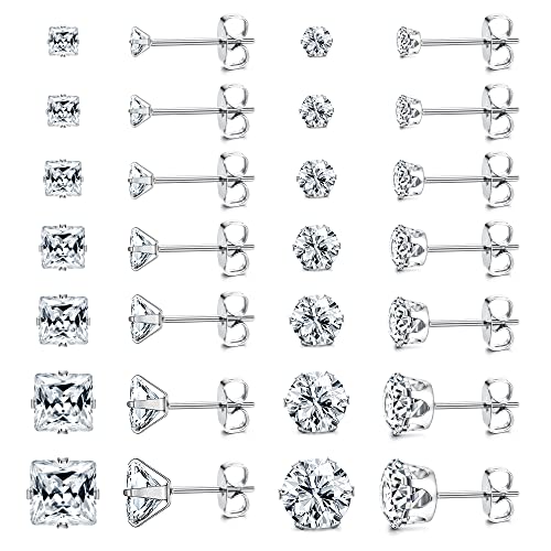 Dochais 14 Paires Boucles d'Oreilles Argent pour Homme Femme Zirconium Boucles d'Oreilles en Acier Chirurgical Hypoallergénique Petites Grand Ronds Carrés...