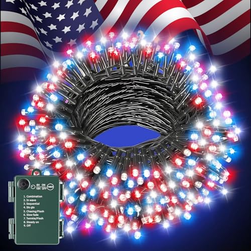 Moettany Red White and Blue Lights for Memorial Day Decorations and 4th of July Decorations Timer Waterproof 8 Modes Battery Operated String Lights for Indoor and Outdoor 17.3FT 50LEDs