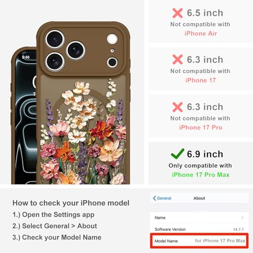 Image of Magnetic for iPhone 17 Pro Max Case for Women Girls, Brown Floral | Cute Oil Painting Flower Pattern Design [Compatible with MagSafe] [Full Camera Protection] Slim Bumper Matte Protective Cover