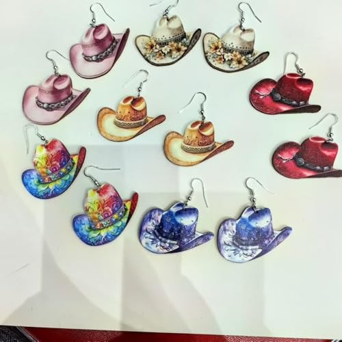 Western Cow Fedora Hat Earrings Boho Wooden Cowgirl Cowboy Hat Rodeo Boot Drop Dangle Preppy Lightweight Western Earrings for Women Ladies2