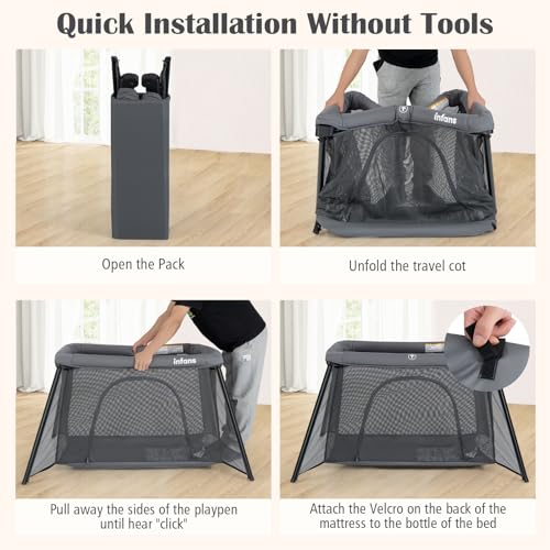 Image of INFANS Travel Crib, Portable Baby Playpen with Removable Bassinet Soft Mattress Carry Bag, Foldable Lightweight Playard for Newborns Toddlers (Dark Gray)