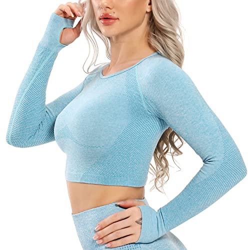 STARBILD Yoga Crop Top de Sport Femme Manches Longues sans Coutures, Hauts Courts avec Passe-Pouce, T-Shirts de Fitness, Running Chemise,Maillot, Tank, Sweatshirt, N2280-Azur XL Cover