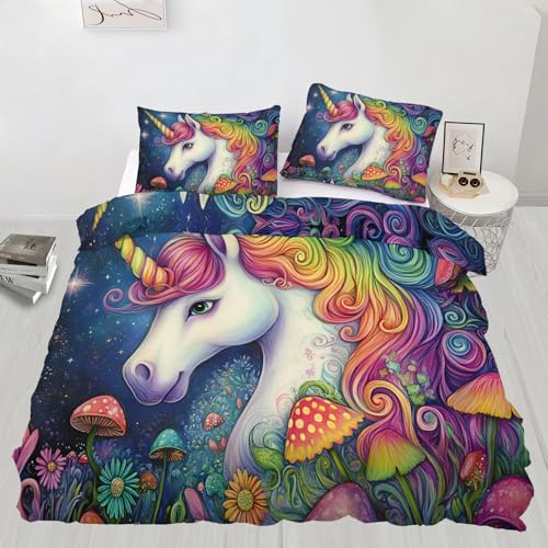 Juego de ropa de cama con diseño de caballo, tamaño King, funda de edredón con 2 fundas de almohada, diseño de cuento de hadas arcoíris, suave, ligero, fácil de limpiar, para habitaciones de invitados