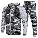 DUOFIER Men Activewear Camouflage Sweatshirt Full Zip Warm Hoodie Tracksuit Sports Set Casual Sweat Suit, Blue-M