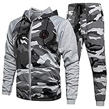 Men Activewear Camouflage Sweatshirt Full Zip Warm Hoodie Tracksuit Sports Set Casual Sweat Suit, Blue-M