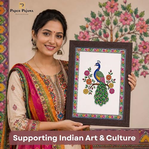 Image of PAPER PAJAMA Peacock Wall Art for Living Room | Madhubani Peacock Bird Painting | Traditional Mithila Folk Art Framed Decor for Home, Bedroom & Office (10x13 Inches)