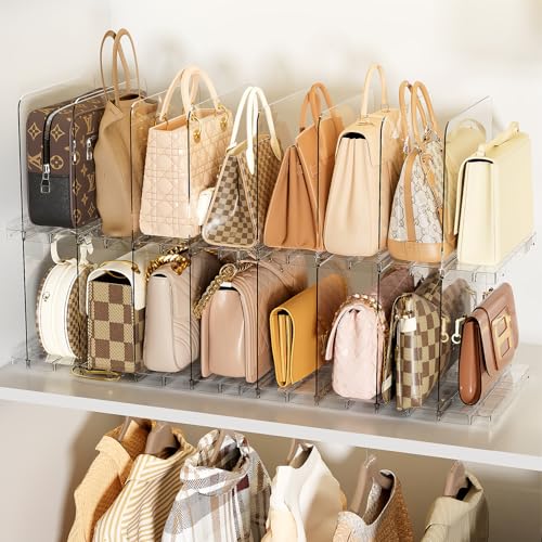 MSHOMELY Stackable Bag & Purse Organizer for Closet Shelf Acrylic Shelf Dividers for Closet Organization Clear Handbag Purse Storage Organizer Divider Keep Clutch Wallet Pocketbook Upright 4 Pack