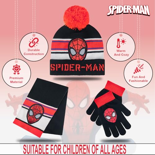 Marvel Spider-Man Kid’s Winter Hat Snow Gloves and Scarf for Boys and Toddlers 3 Pc Set Warm Pom-Pom Beanie with Accessories3
