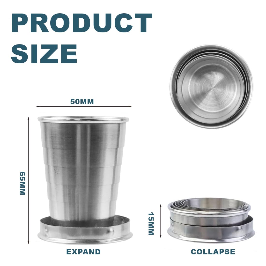 1 Taza plegable de acero inoxidable- Lightweighte Metal Cup | 75 ml vaso plegable de acero inoxidable,taza plegable portátil con llavero,taza telescópica al aire libre para senderismo al aire — view 2