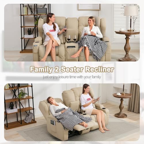 Image of SAMERY 65.5 inch Loveseat Recliner Sofa | Double Recliner Sofa & Console | Wall Hugger Loveseat Reclining RV Theater Seats | RV Couch Home Theater Seating Furniture (Fabric Beige)