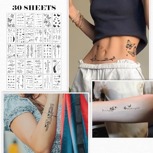 30 PCS Temporary Tattoos – Fine Line Fake Tattoos for Body Art – Realistic Removable Tattoo Stickers with Flowers, Leaves, Words & Patterns – Waterproof Festival Tattoos for Women & Men - Image 3