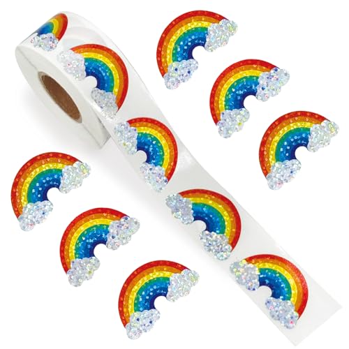 WANGHENG 500Pcs Rainbow Sticker 1.5in Glitter Vinyl Stickers Holographic Rainbow for Envelope Journal Decor Birthday Teacher Reward