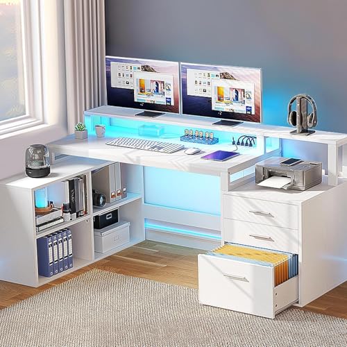 Image of DWVO L Shaped Desk with Drawers, 65 inch Computer Desk with Power Outlets & LED Lights, Corner Home Office Desk with Storage Shelves & Printer Stand, White